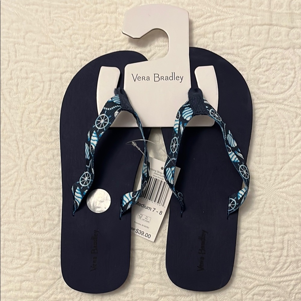 Vera Bradley Navy Flip Flops with Patterned Straps